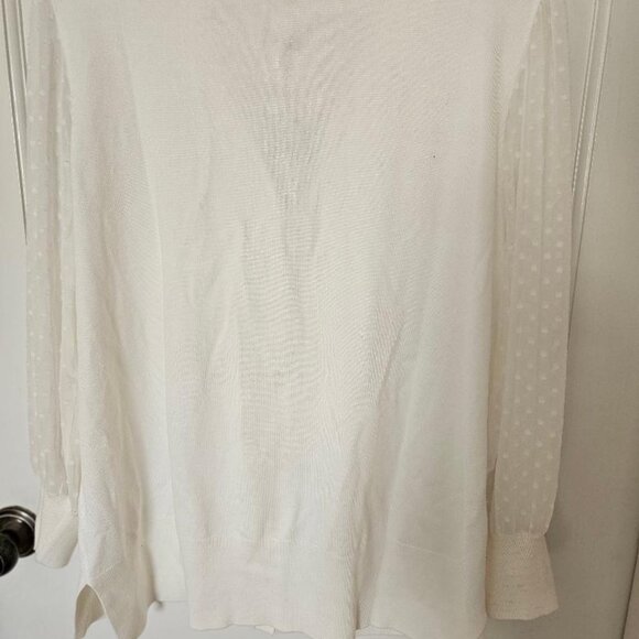 Adrianna Pappell cardigan, white sheer w/ pleated, polka dotted V-neck sleeves. - Picture 6 of 8